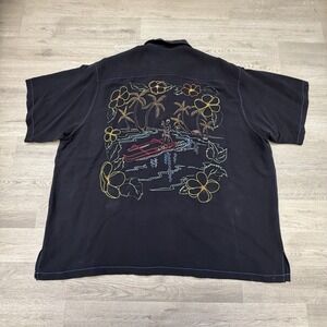 Tori Richard Shirt Men's 2XB Black Silk Hawaiian  Embroidered Button Up Aloha